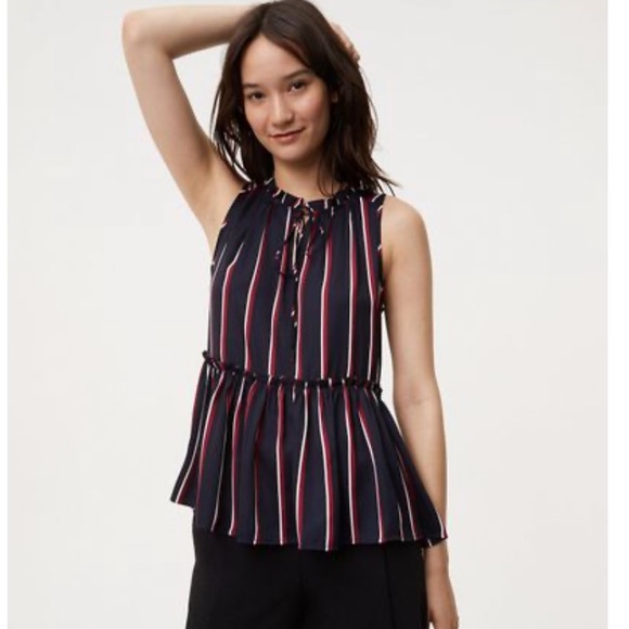 LOFT Tops - LOFT Striped Shirred Peplum Sleeveless Shell Sz S